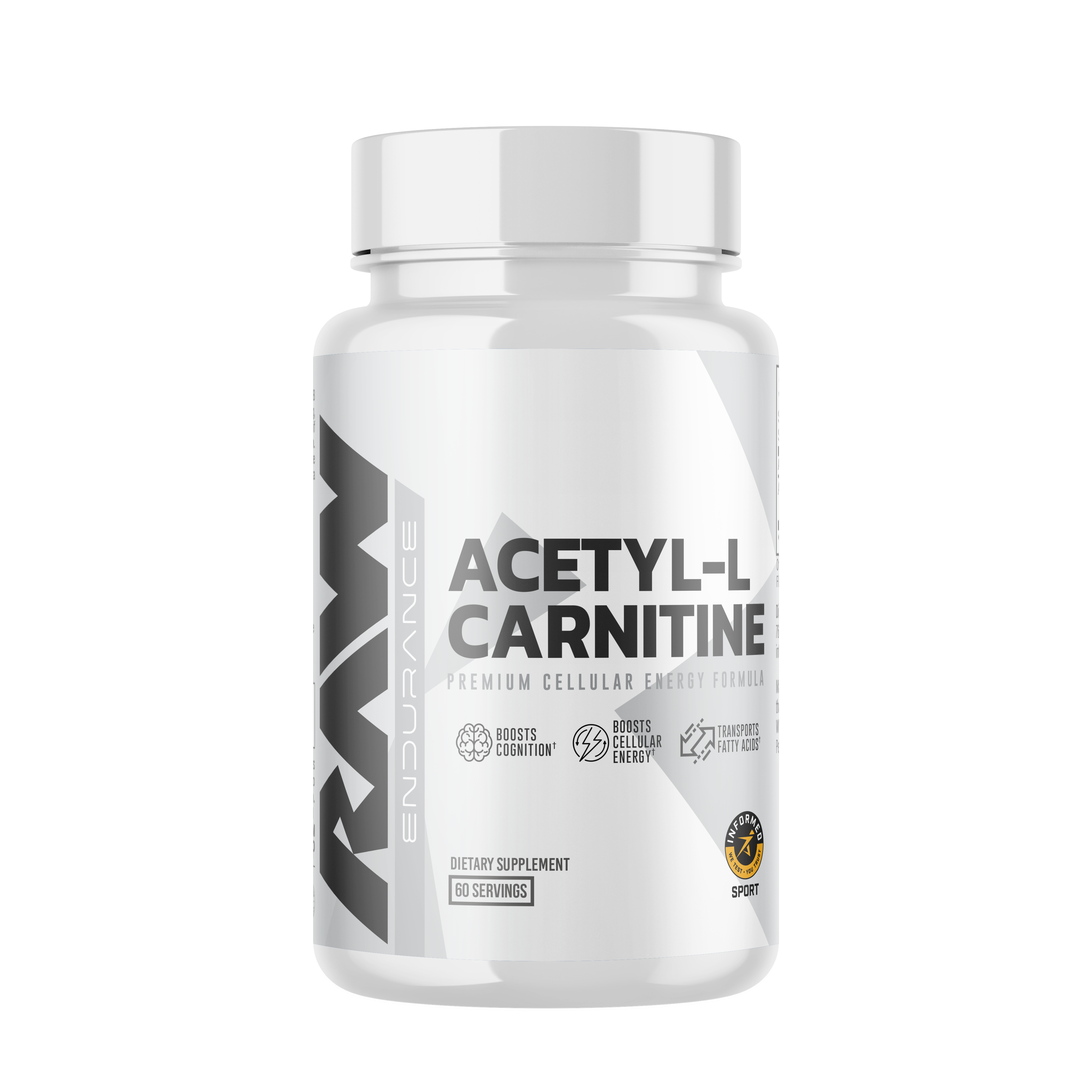 A white bottle of RAW Endurance Acetyl-L-Carnitine supplement, formulated to boost cellular energy, enhance cognition, and transport fatty acids. The product contains 60 servings and is part of RAW’s endurance line with clean minimalist branding.