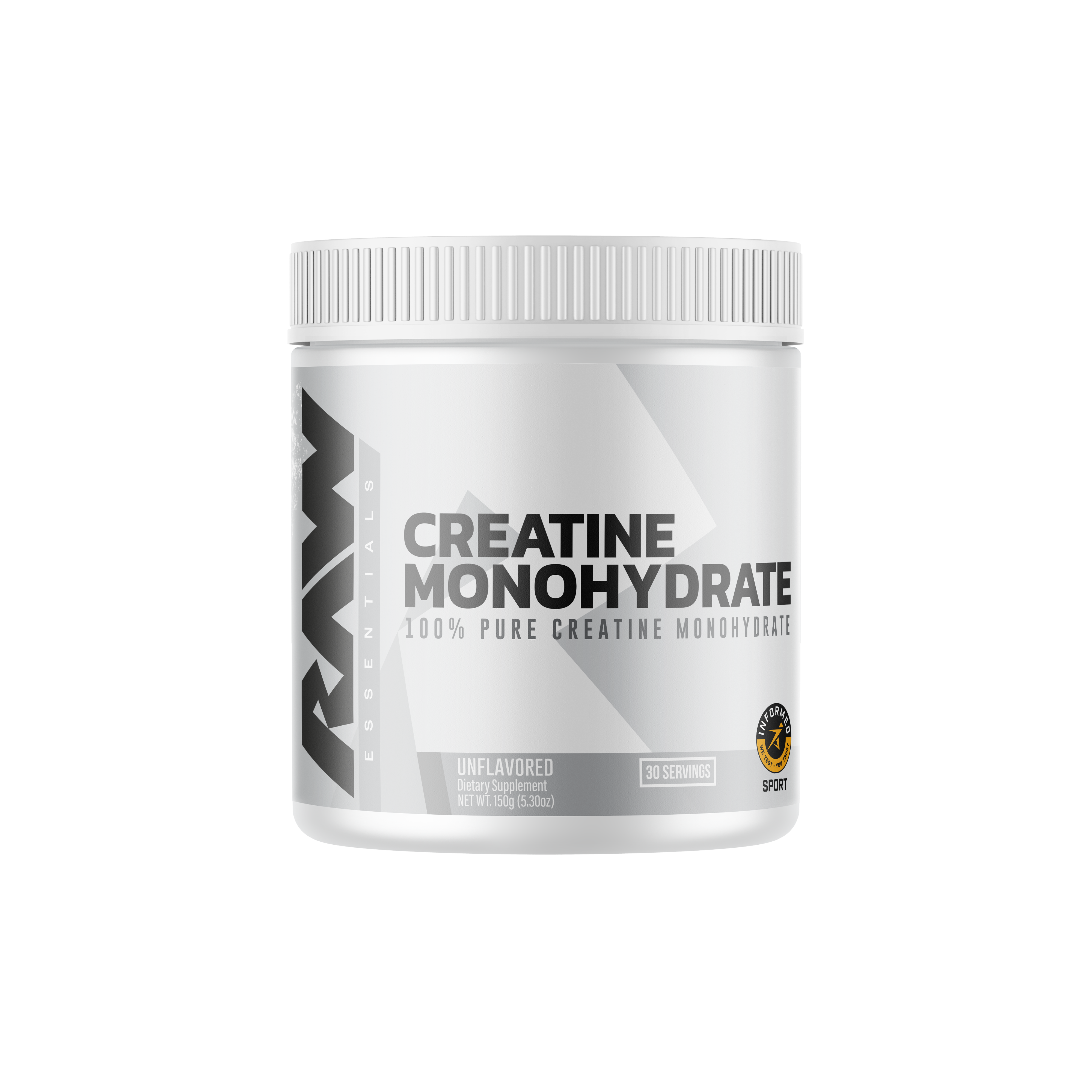 RAW Essentials Creatine Monohydrate container with 100% pure creatine monohydrate, unflavored formula, offering 30 servings for muscle strength, power, and recovery support.