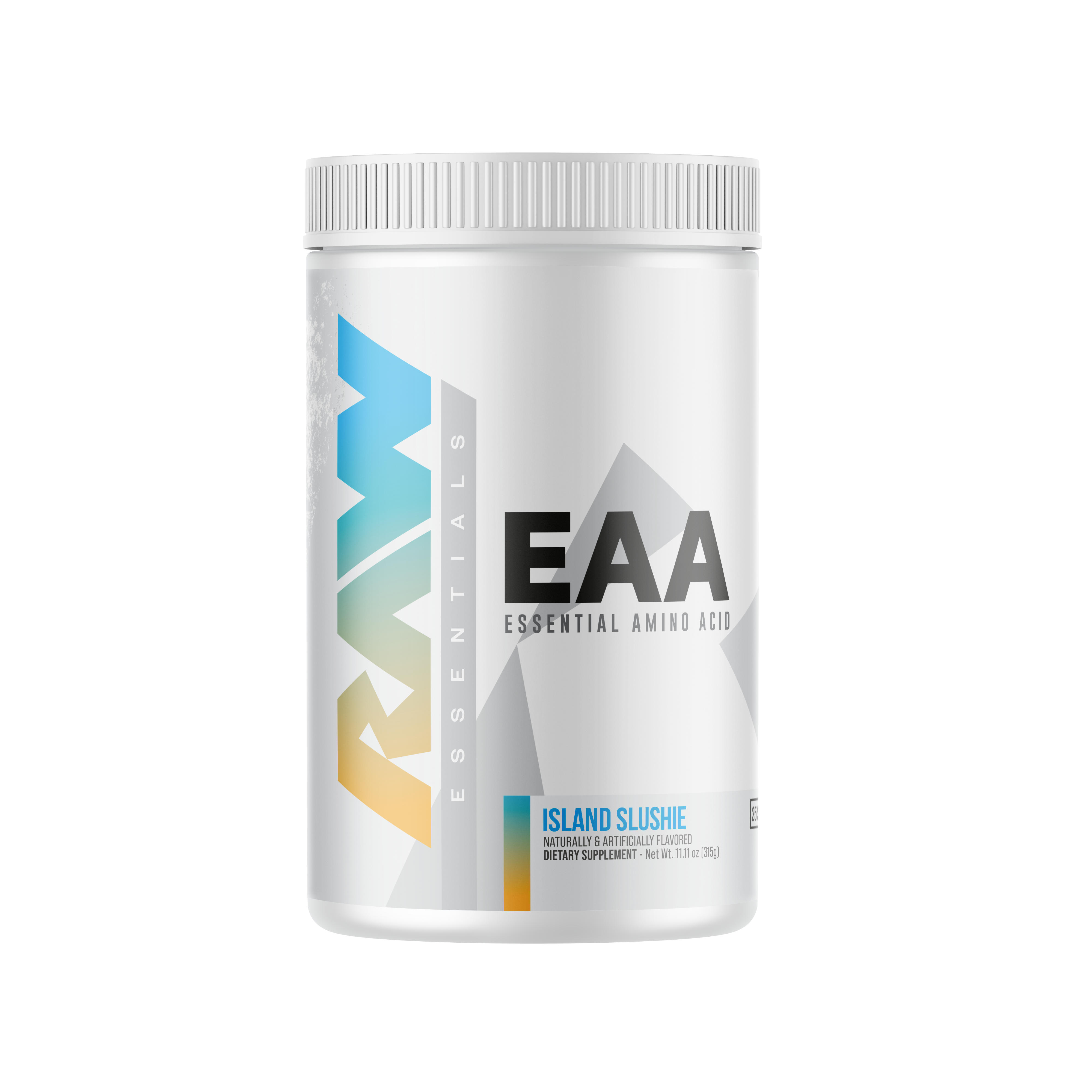 RAW EAA supplement container labeled Essential Amino Acid in Island Slushie flavor, featuring naturally and artificially flavored formula to support muscle recovery and protein synthesis.