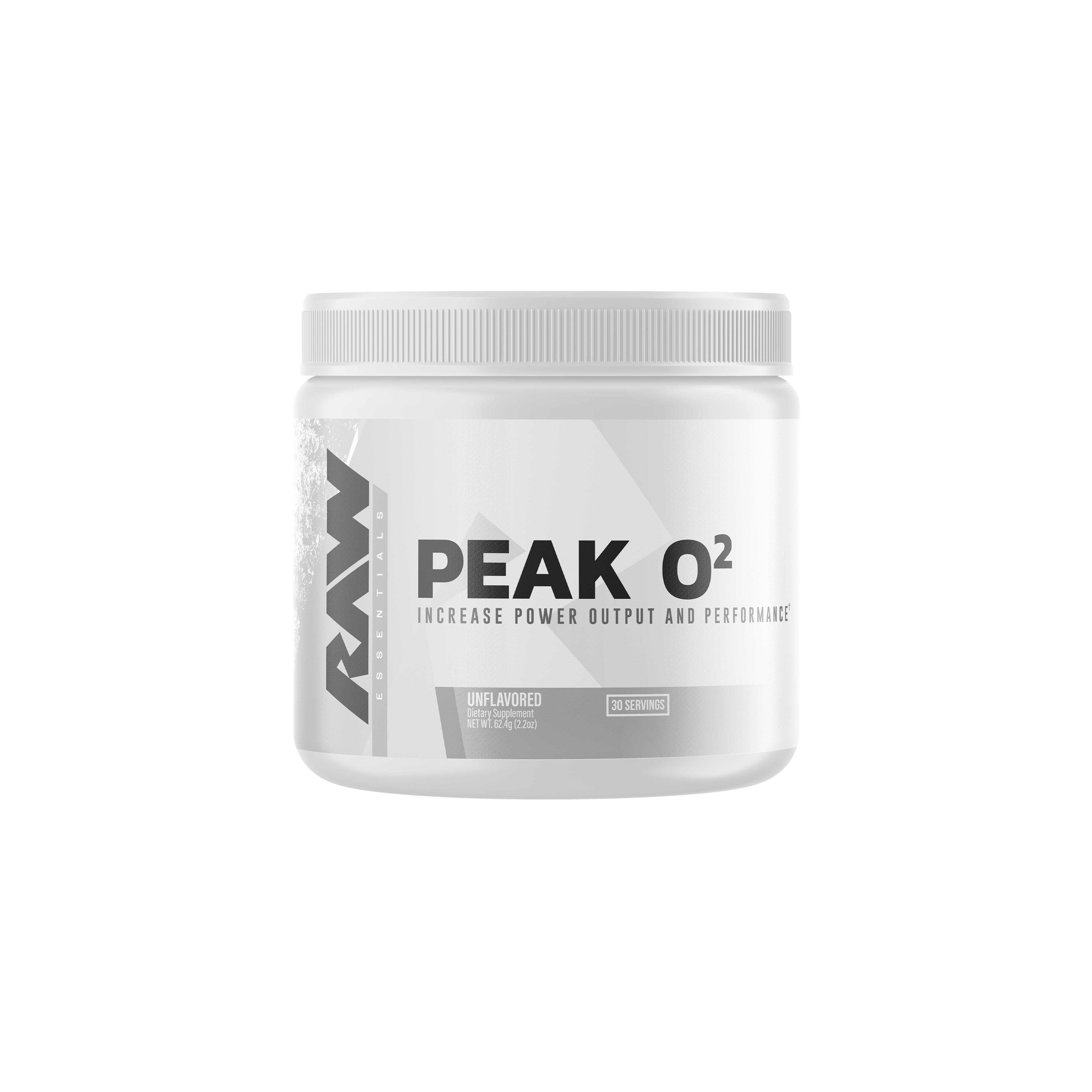 A white plastic container of RAW Essentials PEAK O2 dietary supplement labeled to increase power output and athletic performance. The unflavored formula contains 30 servings and is designed to support physical endurance during high-intensity training.