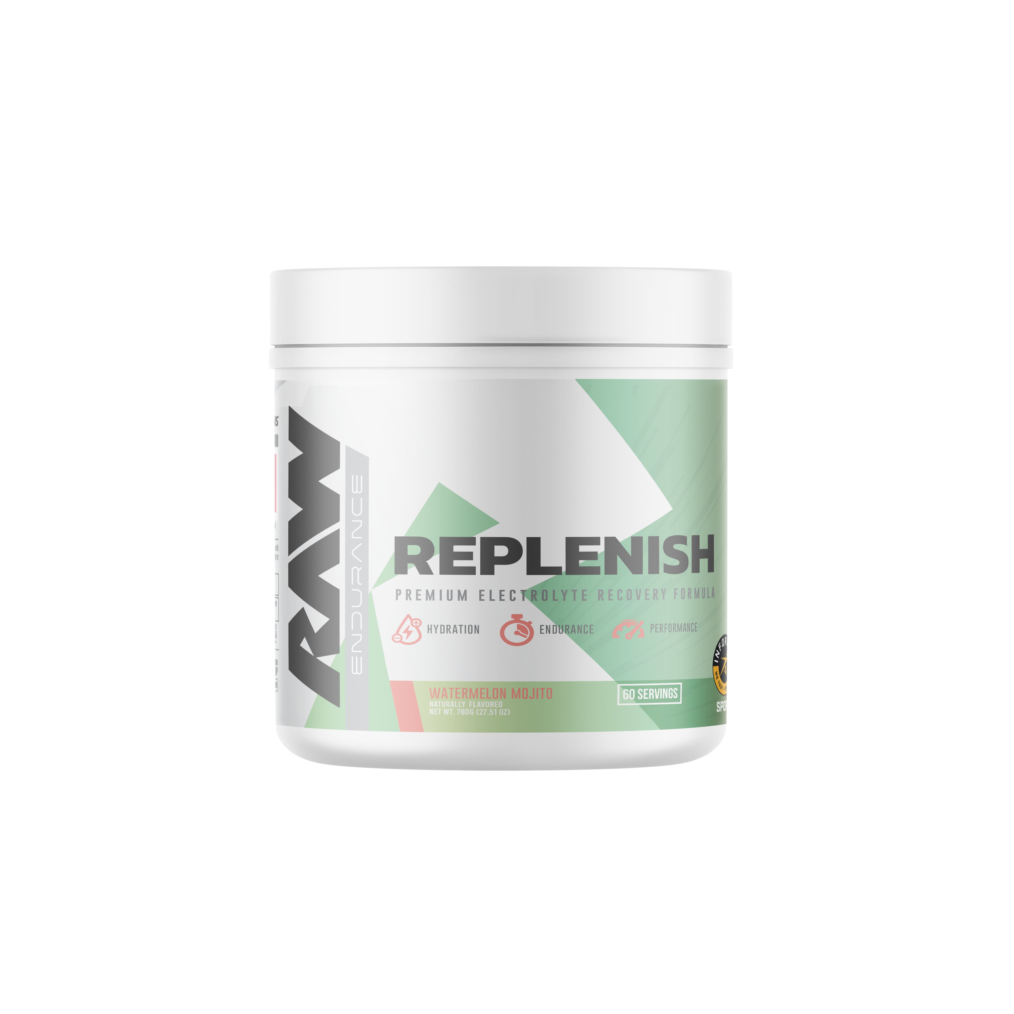 RAW Replenish container for premium electrolyte recovery, watermelon mojito flavor, formulated for hydration, endurance, and performance with 60 servings per bottle.