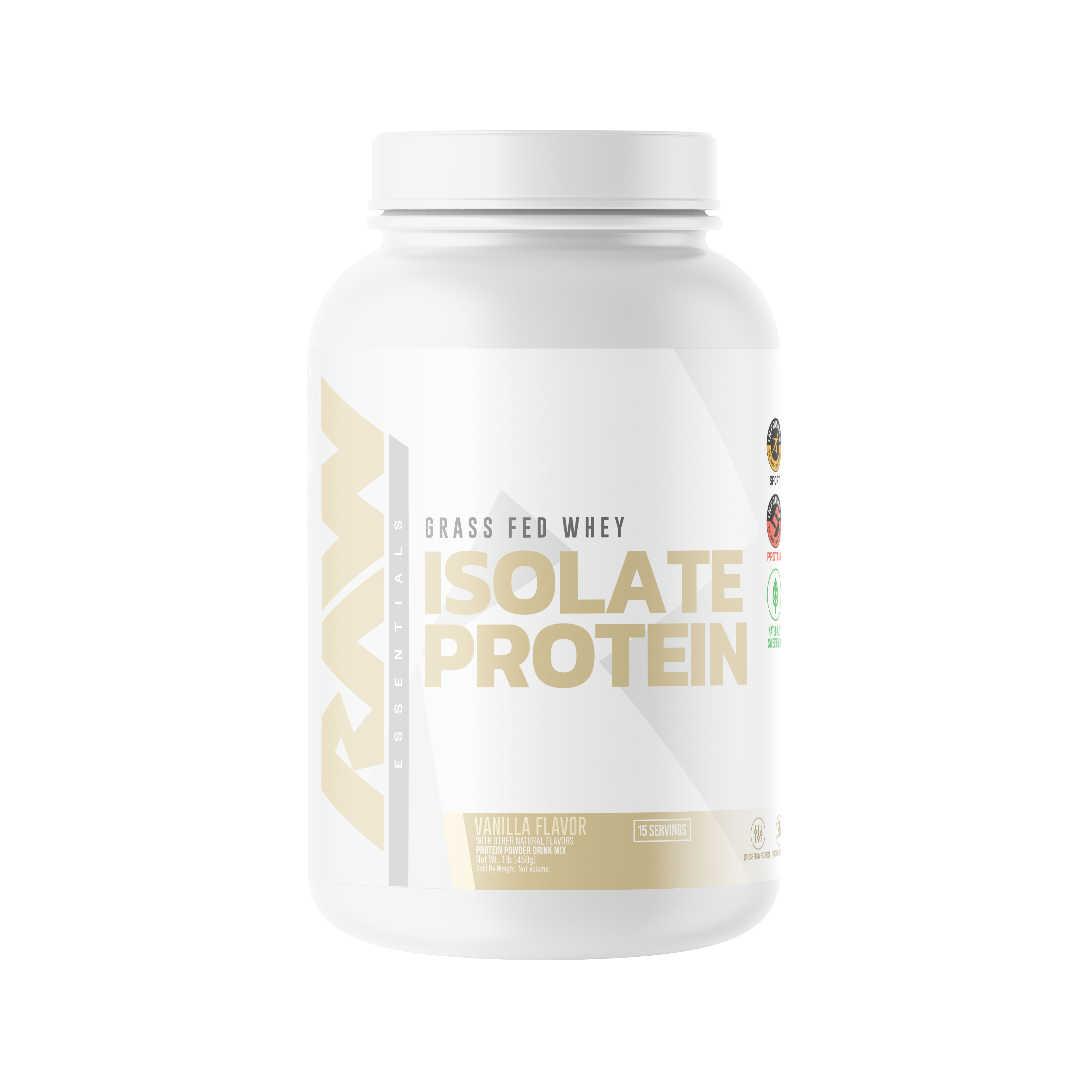 RAW Grass Fed Whey Isolate Protein in vanilla flavor with 15 servings, hormone-free and naturally sweetened formula for lean muscle growth and post-workout recovery.