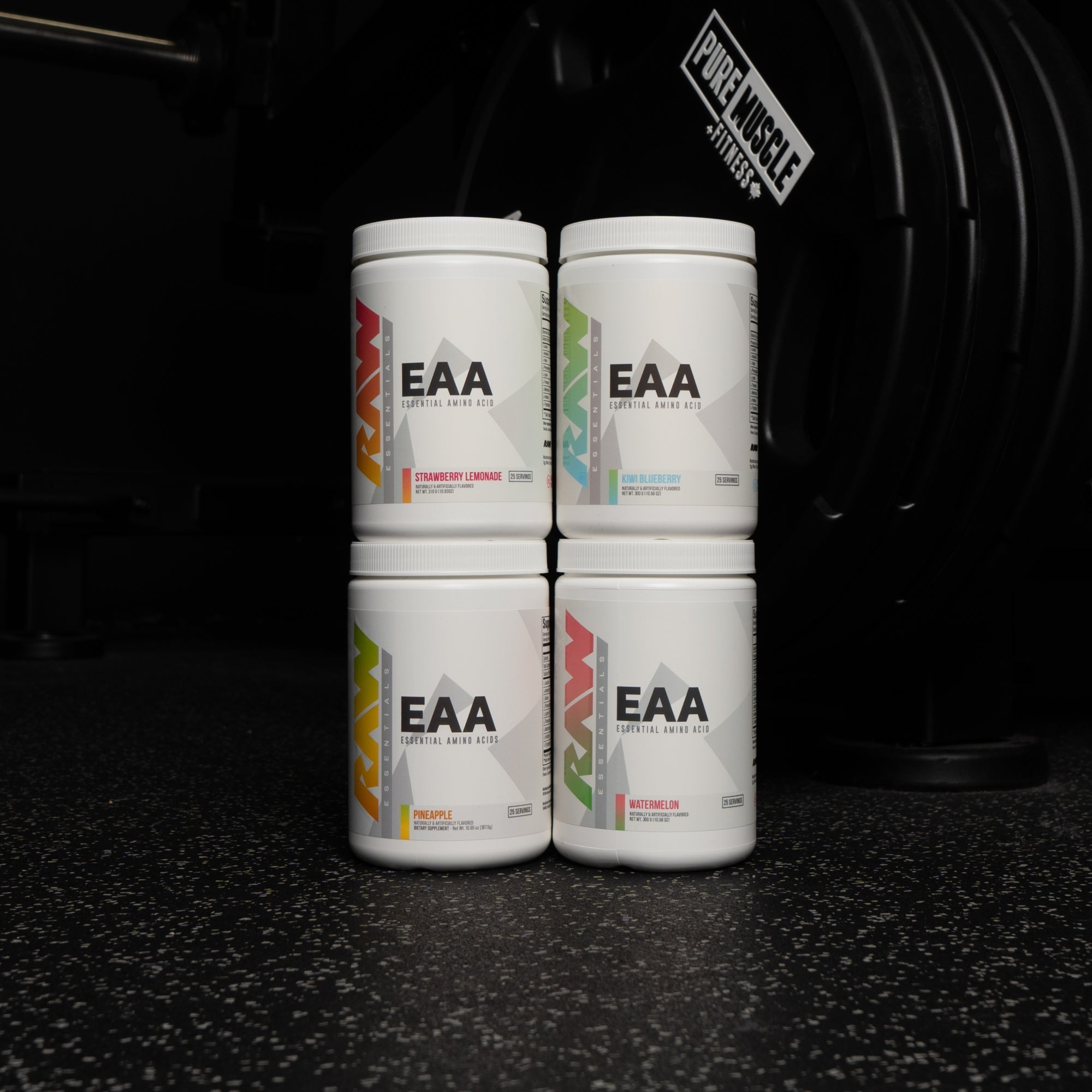 RAW EAA lineup showcasing four refreshing flavors: Strawberry Lemonade, Kiwi Blueberry, Pineapple, and Watermelon.