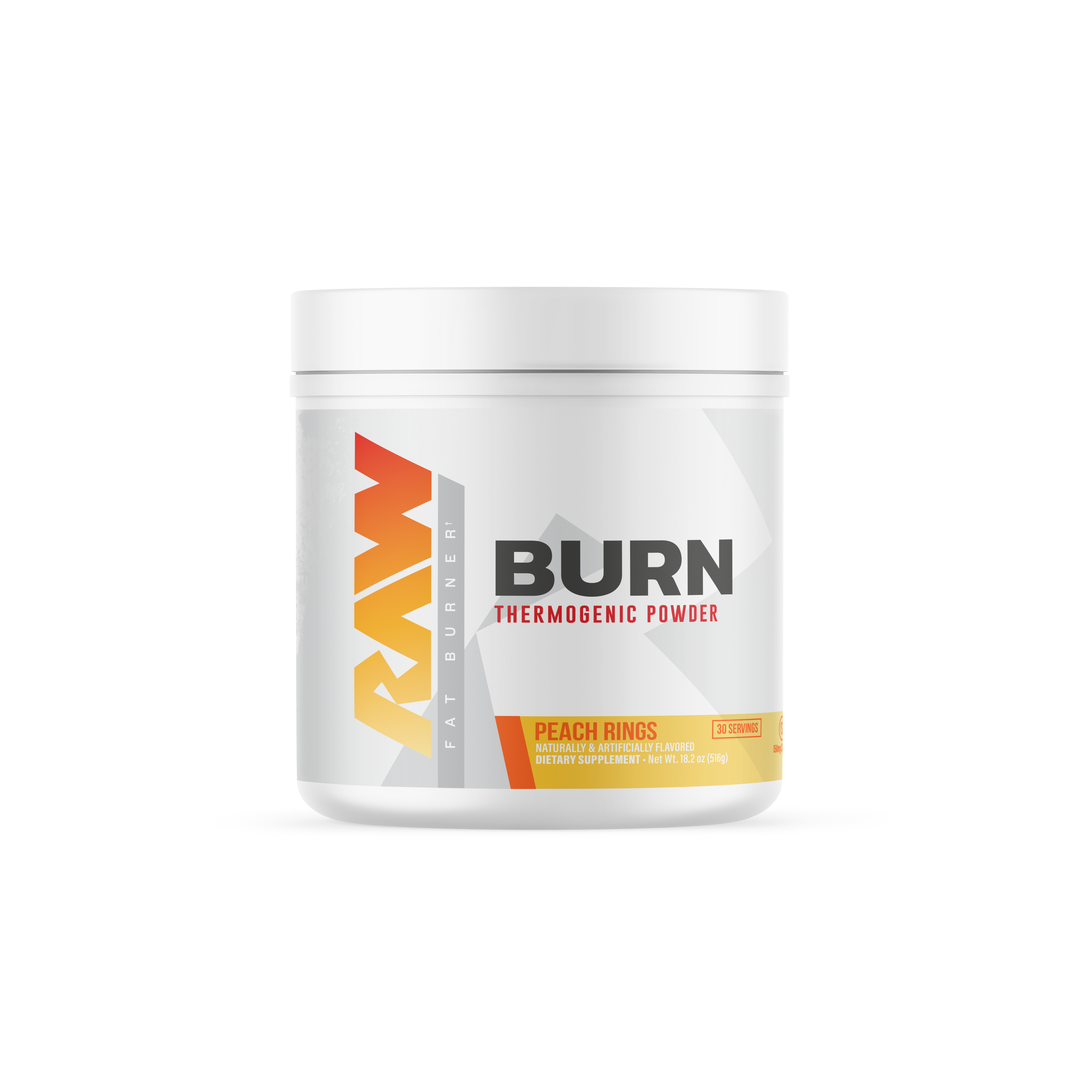 A white container of RAW BURN thermogenic powder in Peach Rings flavor, designed to support fat burning and increase metabolism. The label highlights that the product is a dietary supplement with 30 servings and is naturally and artificially flavored.