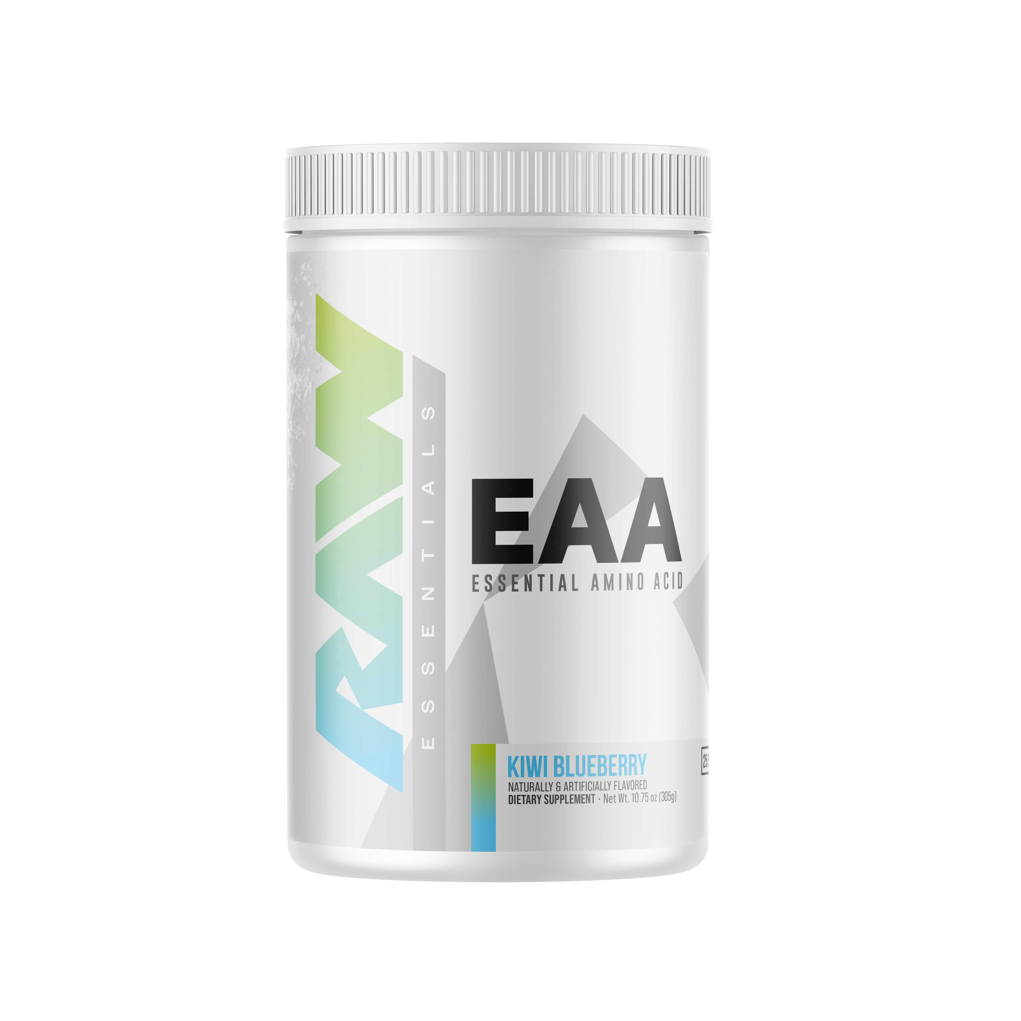 RAW EAA Essential Amino Acid supplement in kiwi blueberry flavor, naturally and artificially flavored, designed to support protein synthesis and muscle repair.
