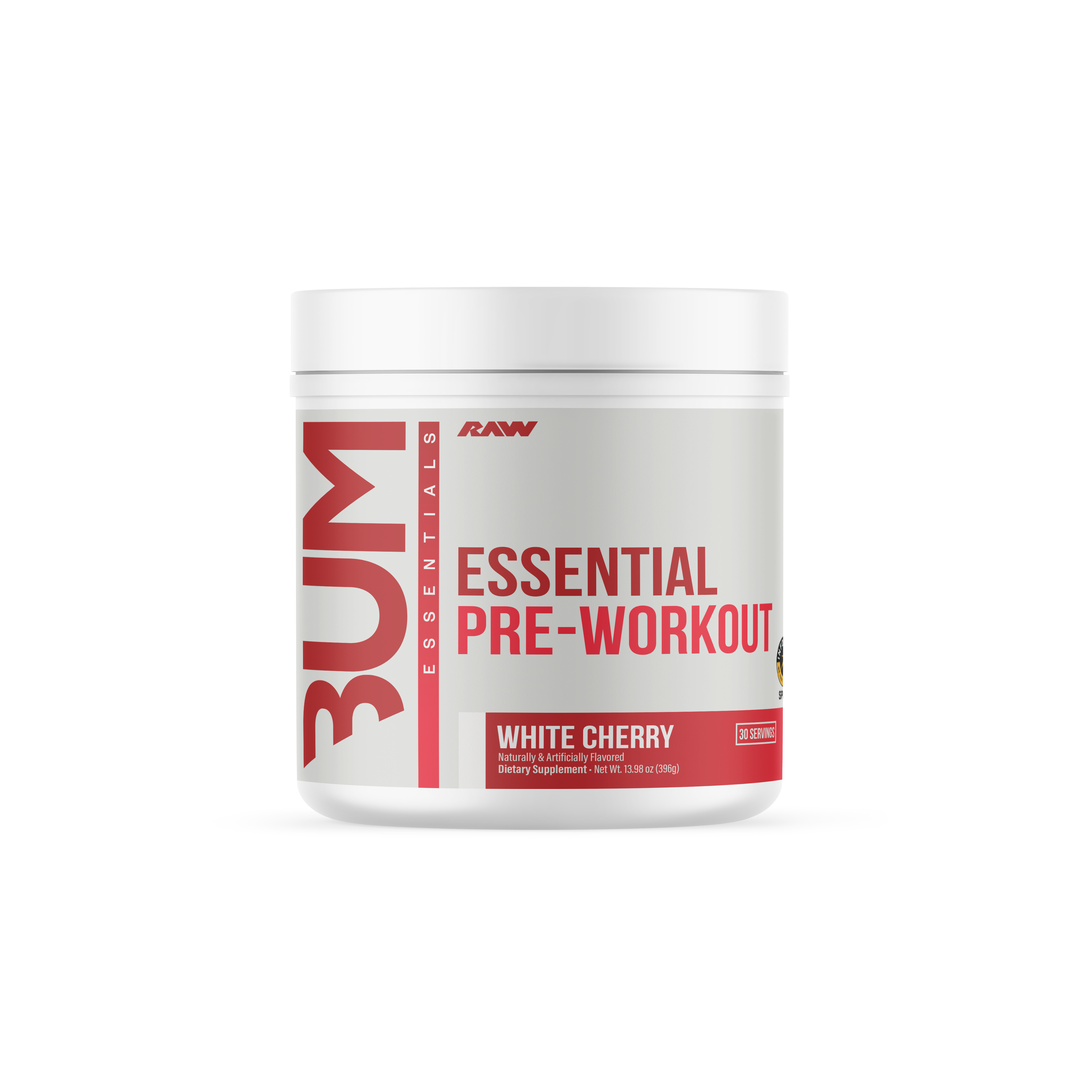 A white plastic container of RAW BUM Essentials Pre Workout powder in White Cherry flavor with red label text highlighting 30 servings naturally and artificially flavored dietary supplement for energy and focus.