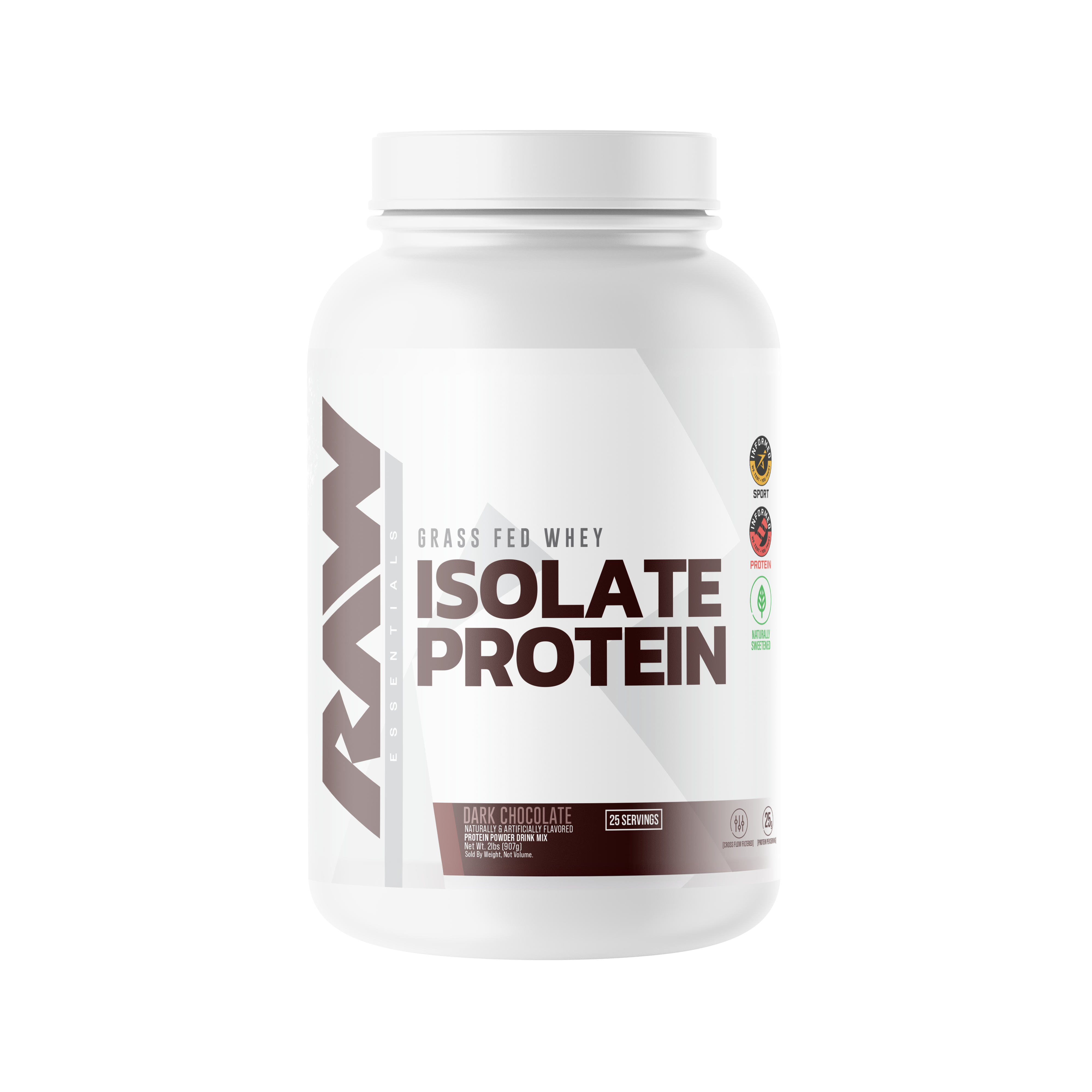 RAW Isolate Protein container in dark chocolate flavor made from grass-fed whey, highlighting hormone-free, naturally sweetened protein with 25 servings per tub.