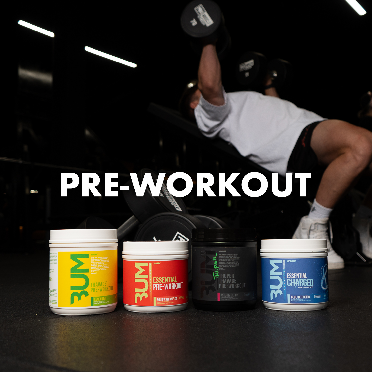 RAW Pre-Workout Products in a row